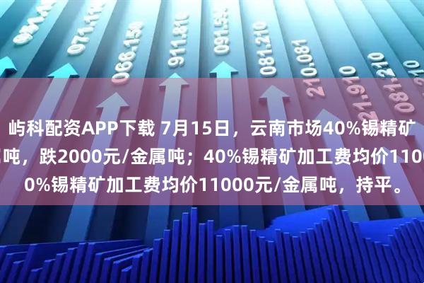 屿科配资APP下载 7月15日，云南市场40%锡精矿均价253500元/金属吨，跌2000元/金属吨；40%锡精矿加工费均价11000元/金属吨，持平。