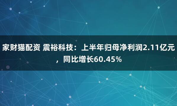 家财猫配资 震裕科技：上半年归母净利润2.11亿元，同比增长60.45%